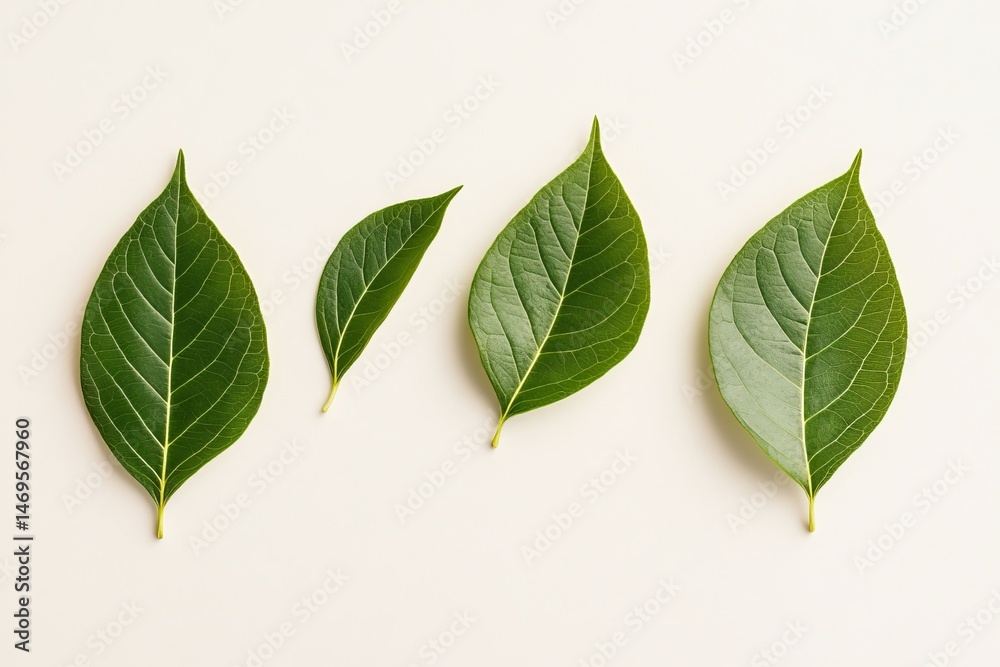 Green leaves arranged in a minimalistic pattern on a white background, creating a clean and natural botanical composition Green leaves arranged in a minimalistic pattern on a white background, creating a clean and natural botanical composition
