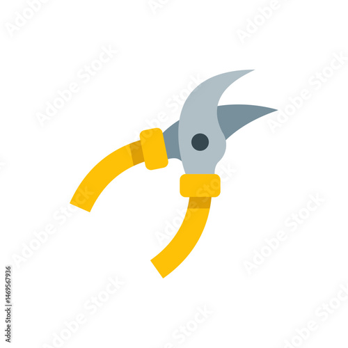 Illustration of a pair of pruning shears with yellow handles and gray blades on a white background space