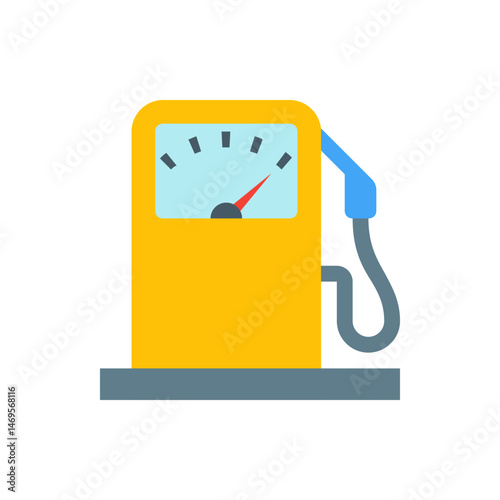 Illustration of a yellow gas station pump with a blue nozzle and gauge showing fuel level indicator at full