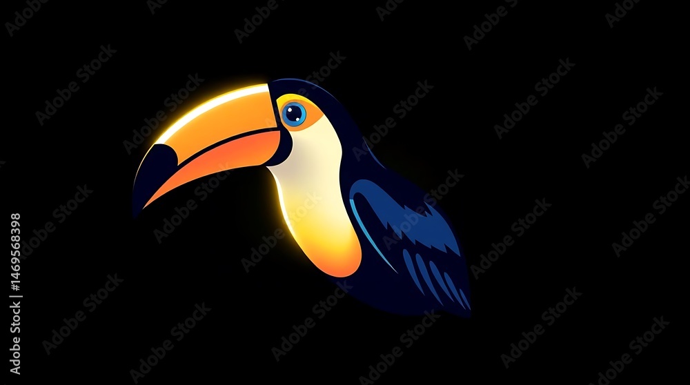Naklejka premium Bioluminescent Toucan pop art vector logo, bright beak, minimal background, glowing colors, simple two-dimensional shapes, smooth gradient, natural light effects, flat design