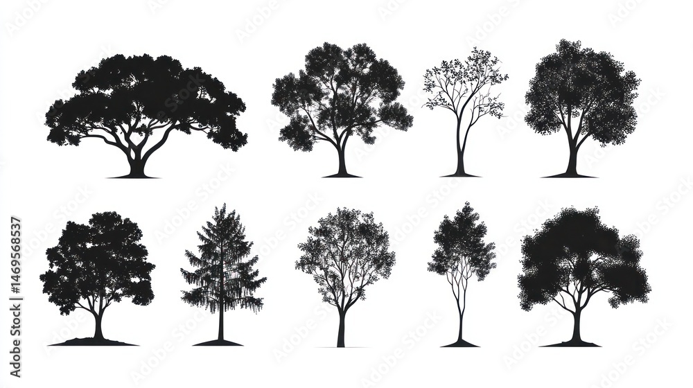 Fototapeta premium Silhouette Trees Collection on White Background