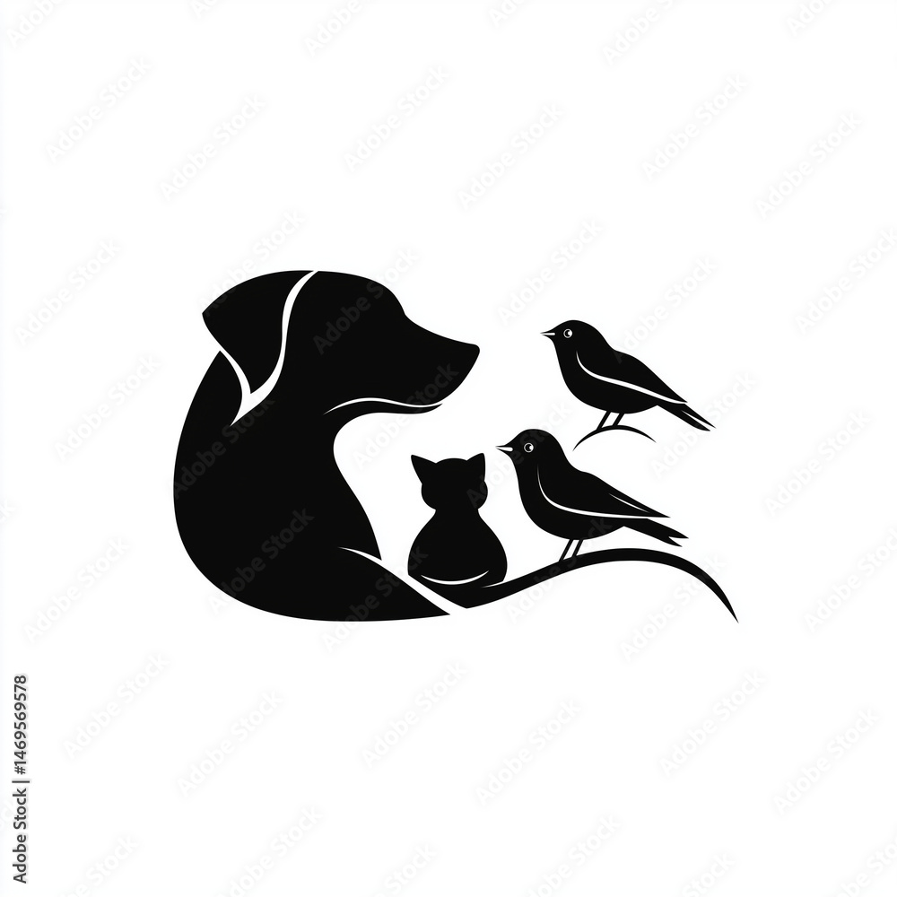Fototapeta premium logo, a vector graphic of a black silhouette dog sitting next to a cat and a rabbit on a white background