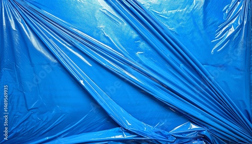 wrinkled cling film on a blue vinyl backdrop abstract art design featuring a wet effect texture minimal flat lay composition