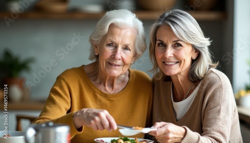 Two women share a heartwarming moment together, smiling and enjoying a meal while celebrating Mother's Day in the comfort of home