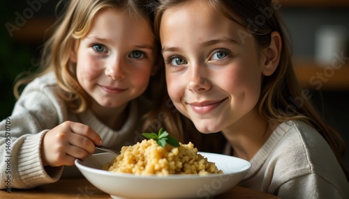 Two happy daughters are smiling while enjoying a homemade dish, celebrating their bond on a lovely May day with gratitude