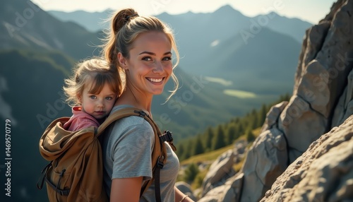 A joyful mother carries her young daughter on her back while exploring a beautiful mountainous landscape, embracing nature and each other