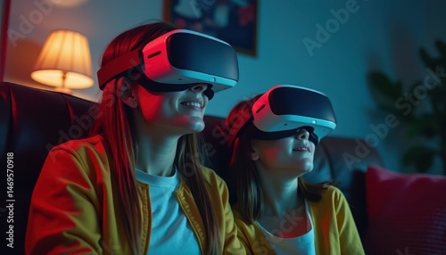 A mother and her daughter share a special moment in virtual reality, smiling and enjoying each other's company on Mother's Day in May