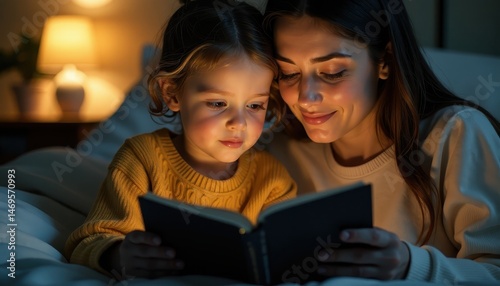 A mother and her young daughter share a cozy evening, reading together and expressing love and appreciation for each other