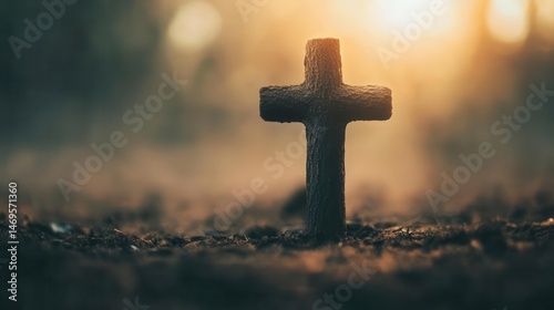 Cross made of barkcovered wood, floating in spiritual golden mist, deep sacred tone photo