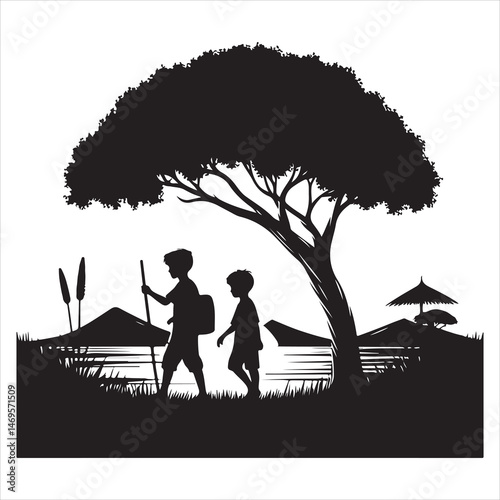 Children Playing in Countryside Silhouette - Joyful Rural Life ,  black colour vactor 