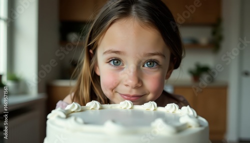 A young girl beams with joy while presenting a beautifully decorated cake for Mother's Day, expressing love and appreciation for her mom