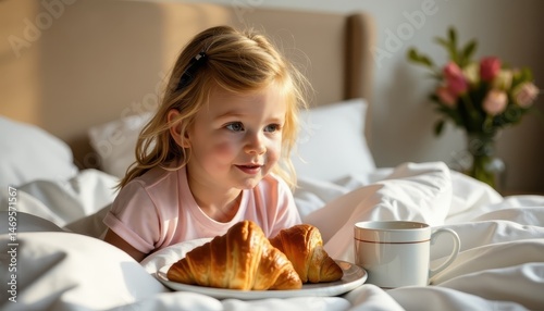 A young girl surprises her mother with breakfast in bed for Mother's Day, featuring croissants and coffee alongside fresh flowers