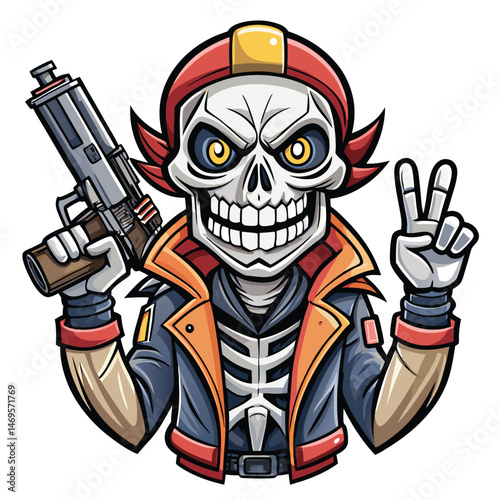 Skull character holding a gun, peace sign