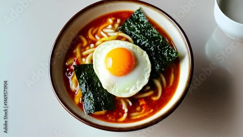 Serving Bowl of Noodle Soup with Fried Egg and Seaweed Close Up