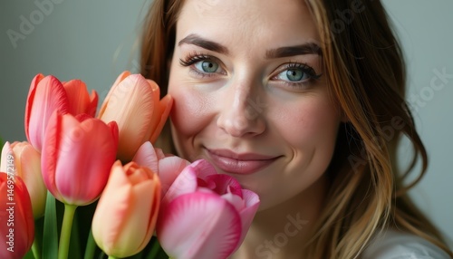 A woman holds a beautiful bouquet of tulips, expressing joy and appreciation for Mother's Day celebrations in May