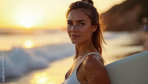 A woman smiles by the shore during sunset, cherishing the joy of motherhood while holding a surfboard close by