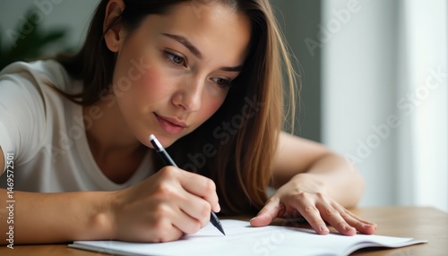 A young woman sits at a table, deeply engaged in writing notes of appreciation for Mother's Day, surrounded by a calm atmosphere
