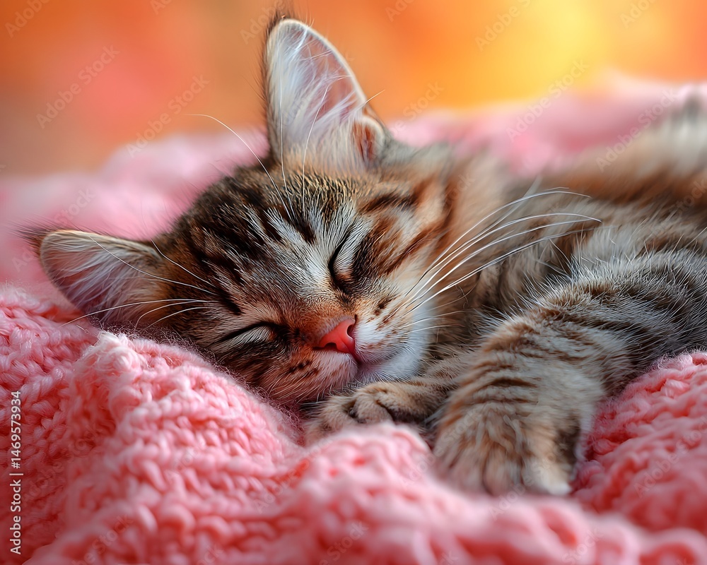 A cozy kitten sleeping peacefully in a knitted basket