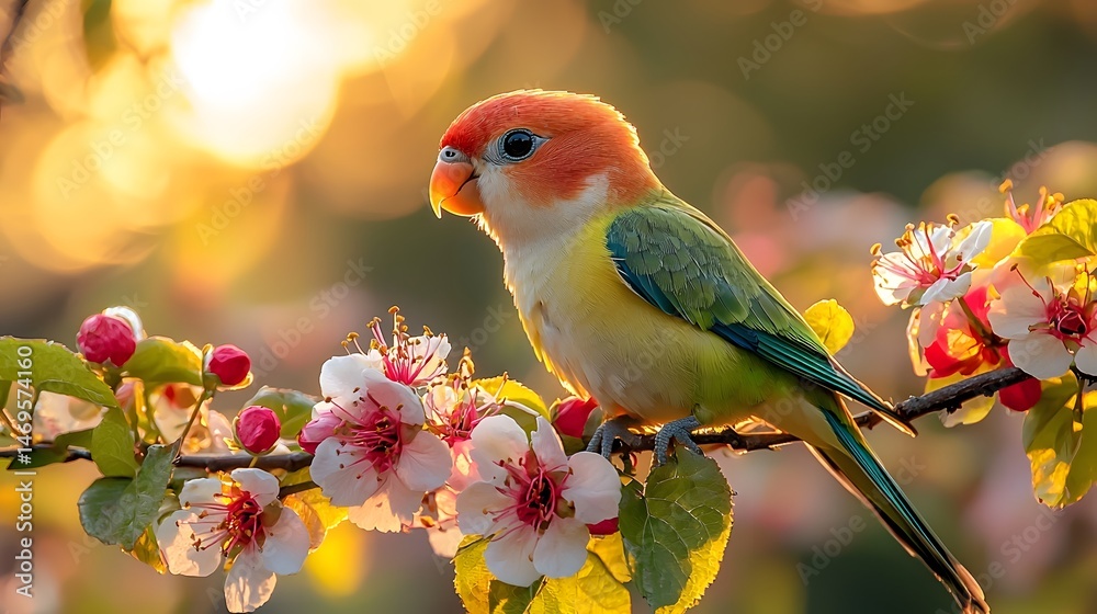 A vibrant lovebird perched on a flowering branch