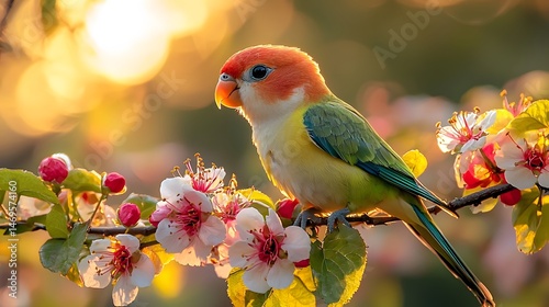 Obraz na płótnie A vibrant lovebird perched on a flowering branch w salonie
