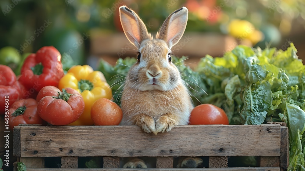 Curious rabbit peeking from beneath a rustic wooden crate filled with fresh produce