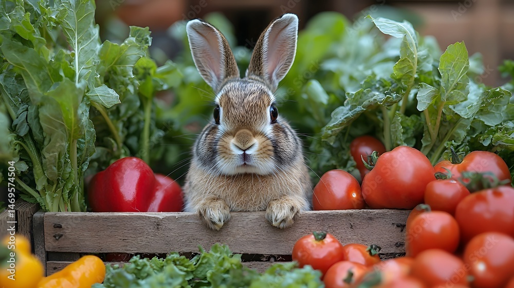 Curious rabbit peeking from a wooden crate surrounded by fresh vegetables