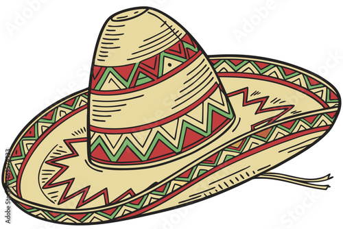 104 woven straw sombrero hat, intricate patterns and designs, red, green, and yellow colors, traditional Mexican cultural style, detailed texture and weaving, photorealistic