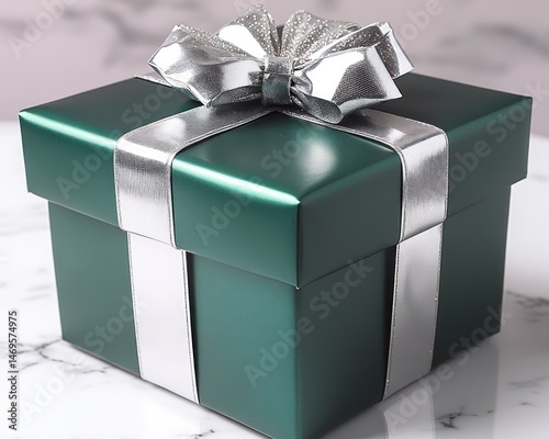 Emerald green gift box with silver ribbon