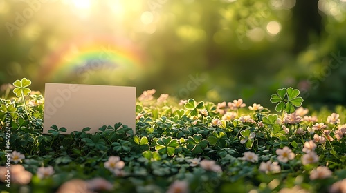 A blank card amidst a field of shamrocks with a rainbow in the background