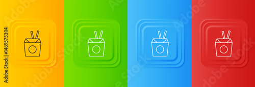White Asian noodles in paper box and chopsticks icon isolated on colorful background. Street fast food. Korean, Japanese, Chinese food. Set icons in square buttons. Vector