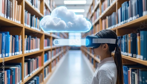 Young girl wearing virtual reality headset in library, exploring digital cloud concepts with bookshelves in the background