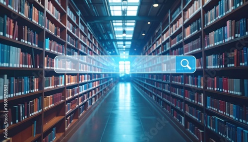 Modern library interior with bookshelves, glowing search bar overlay, and a spacious aisle inviting exploration and knowledge