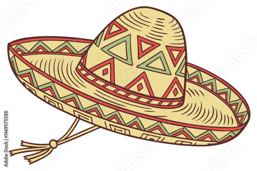 104 woven straw sombrero hat, intricate patterns and designs, red, green, and yellow colors, traditional Mexican cultural style, detailed texture and weaving, photorealistic