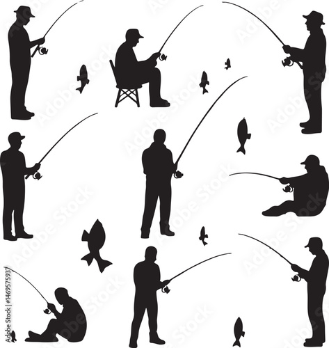 fishing, silhouette, fisherman, vector, fish, water, sport, people, rod, sea, leisure, sunset, illustration, nature, woman, hobby, angler, fun, ocean, fisher, person, men, boy, black, rope
