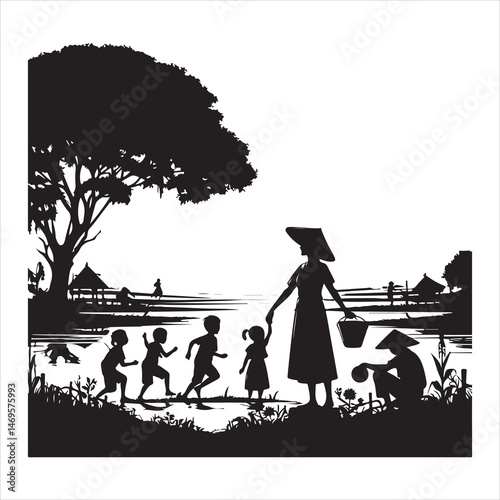 Children Playing in Countryside Silhouette - Joyful Rural Life ,  black colour vactor 