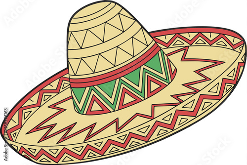 104 woven straw sombrero hat, intricate patterns and designs, red, green, and yellow colors, traditional Mexican cultural style, detailed texture and weaving, photorealistic