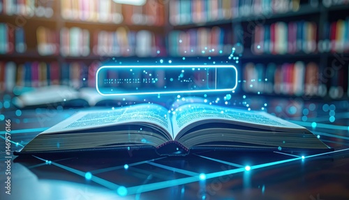 Open book with glowing digital elements in a library setting, representing knowledge and technology integration in learning environments