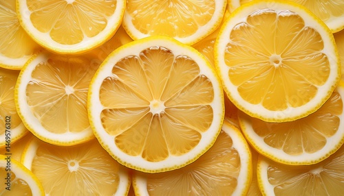 sliced yellow lemons arranged in a circle viewed from above closely background featuring a texture of fresh lemon slices citrus fruits