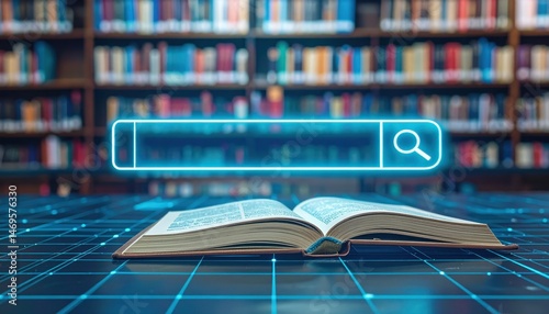 Open book on table with digital search bar overlay and library background, symbolizing research and knowledge exploration