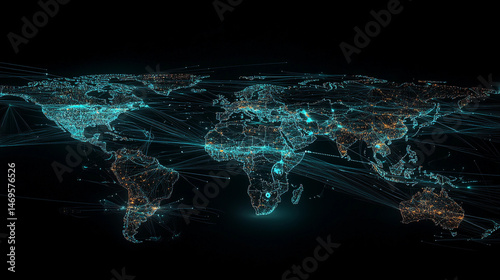 Futuristic World Map With Glowing Supply Chains, Cargo Hubs, and Satellite-Linked Data Networks
