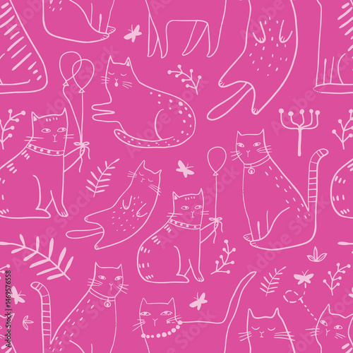Seamless pattern with cute Kittens in diferent style. Creative childish texture. Great for fabric, textile Vector Illustration
