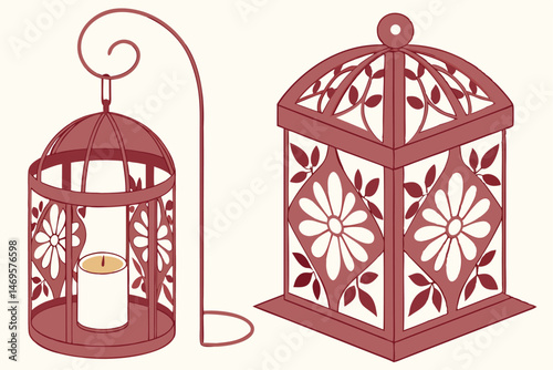 105 decorative red metal lantern, intricate floral cutout pattern, glass candle holder, hanging ornament, festive holiday decor, old world traditional style, moroccan or indian inspired, wrought iron 