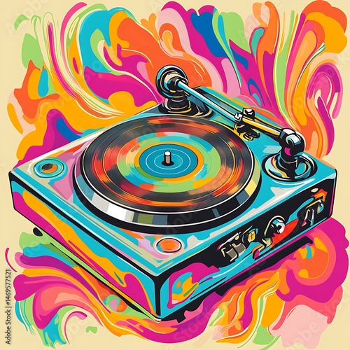 Colorful turntable spinning vinyl, vibrant paint splash background, music art