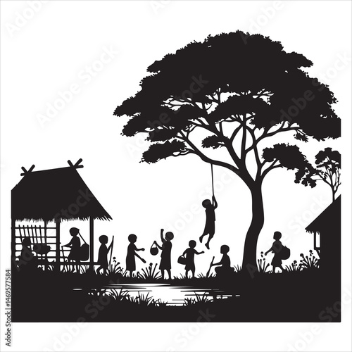 Children Playing in Countryside Silhouette - Joyful Rural Life ,  black colour vactor 