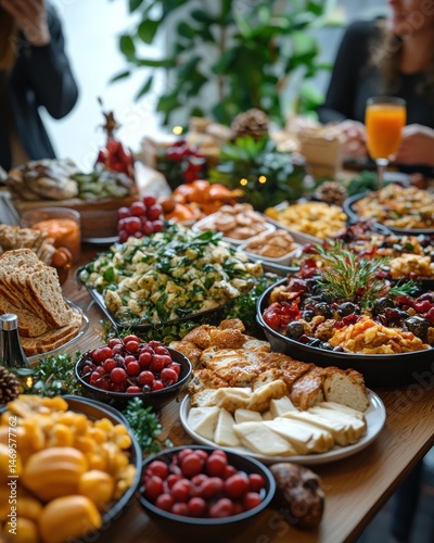 Festive holiday buffet spread with various foods