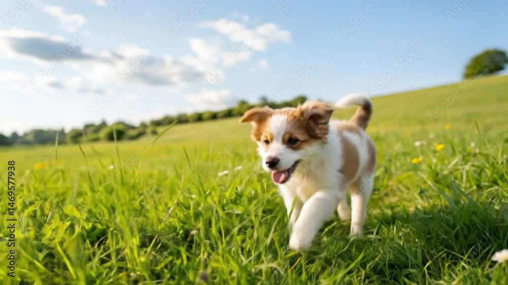 A brown and white dog runs through a green field under a blue sky, enjoying a sunny day. A brown and white dog runs through a green field under a blue sky, enjoying a sunny day.