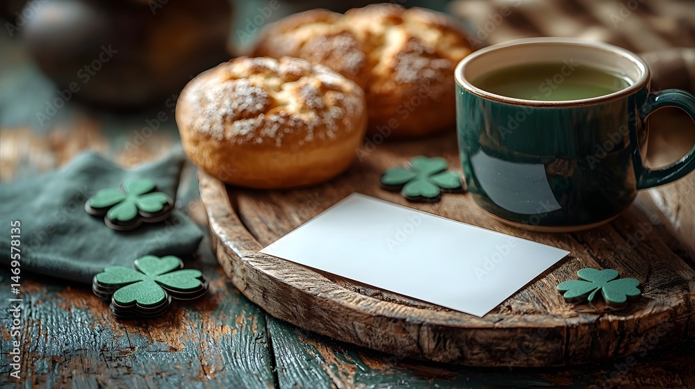 Cozy Irish soda bread green tea and a blank card for St Patrick s Day