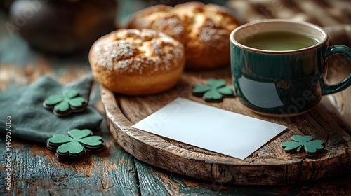 Obraz na płótnie Cozy Irish soda bread green tea and a blank card for St Patrick s Day w salonie