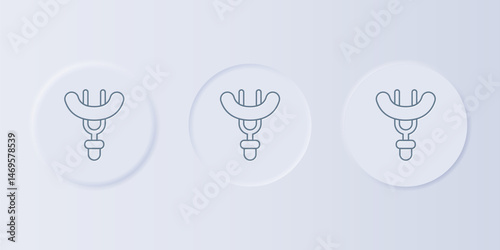 Grey Sausage on the fork icon isolated on grey background. Grilled sausage and aroma sign. Set icons in square buttons. Vector