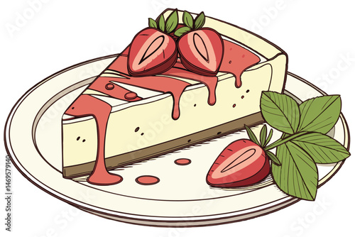 106 a creamy smooth cheesecake slice on a plate, decorated with fresh strawberry slices and mint leaves, delicately plated, high-quality food photography
